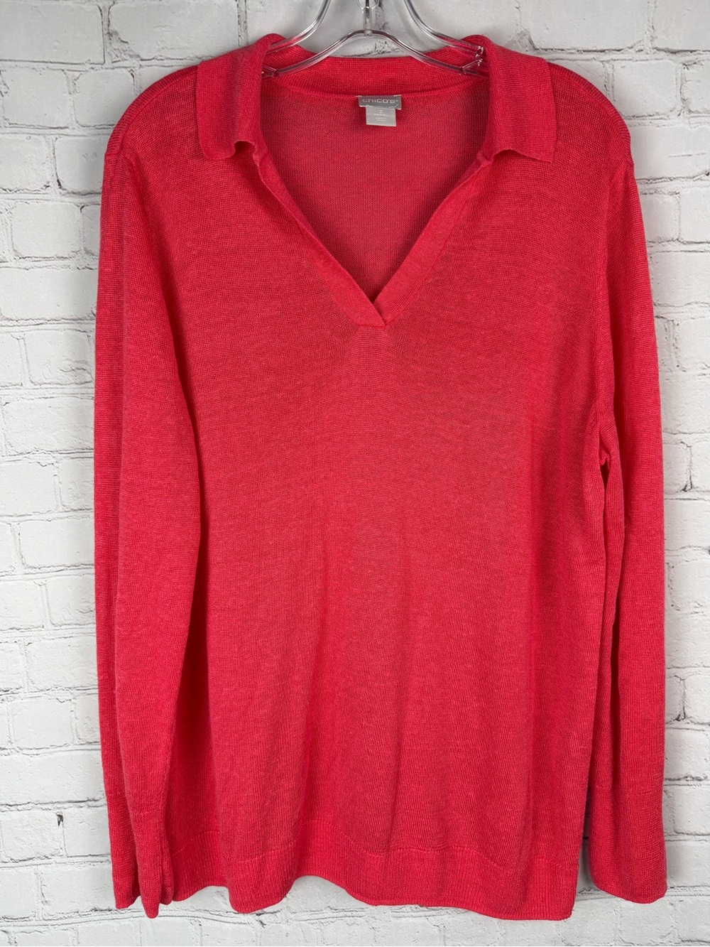 CHICO'S linen coral red lightweight v-neck collared long sleeve top, size L